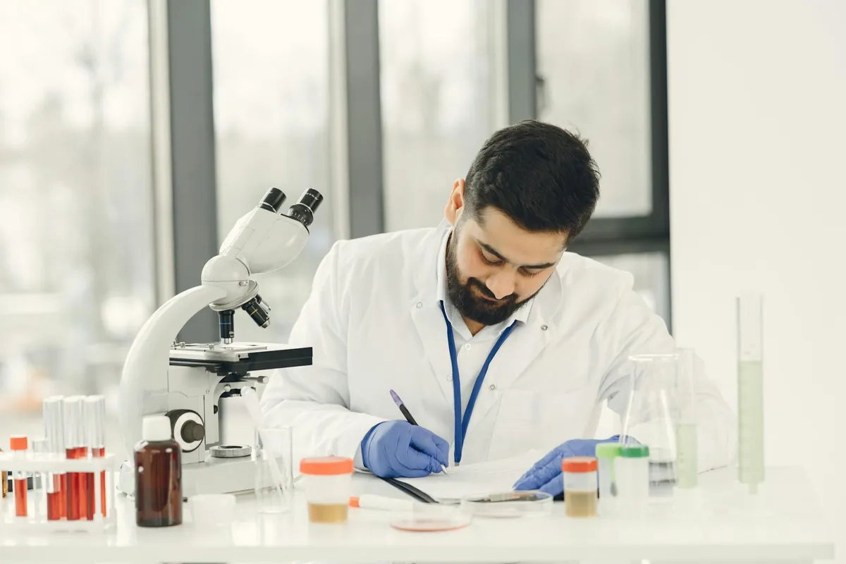 Scientist examining a DNA strand, with a table laden with vibrant, healthy foods like fruits, vegetables, and nuts nearby.